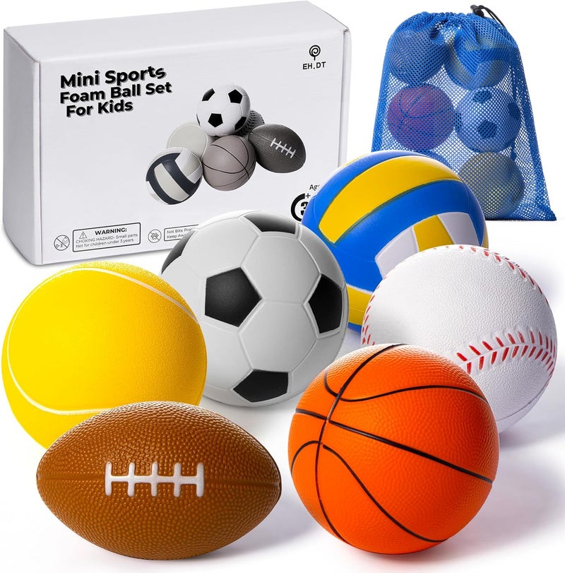 EH.DT Set Of 6 Mini Sports Foam Balls for Kids, Toddler Ball Toys, Foam Football, Toddler Football, Indoor Baby Soccer, Kids Mini Basketball, Soft Baseball, Volleyball, Small Playground Balls, Baby Ball Toy - Image 1